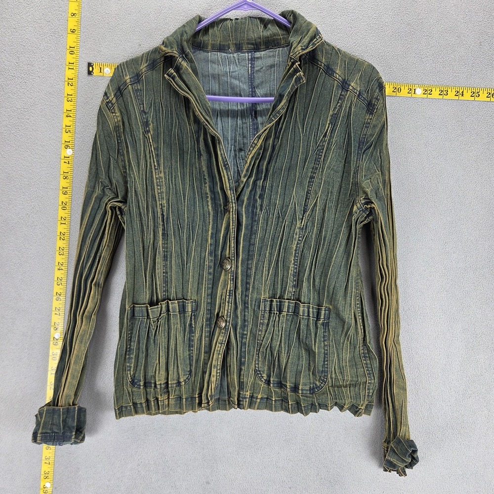 Womens Crinkled Denim Blazer Jacket L Olive Green Gold Acid Wash Pleated Y2K